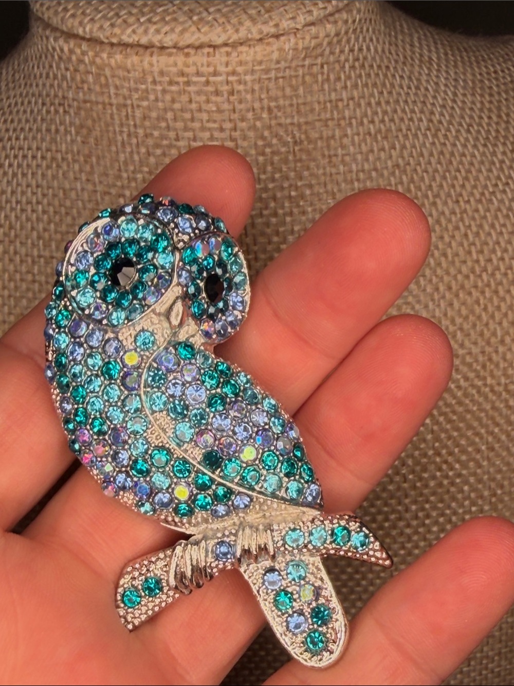 Crystal Owl Brooch in Teal & Light Blue